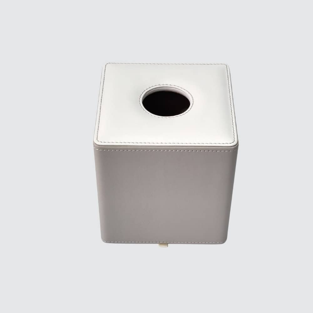 Faux leather hotel tissue box in grey and white