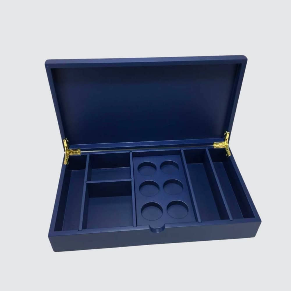 Blue custom faux leather hotel coffee and tea box
