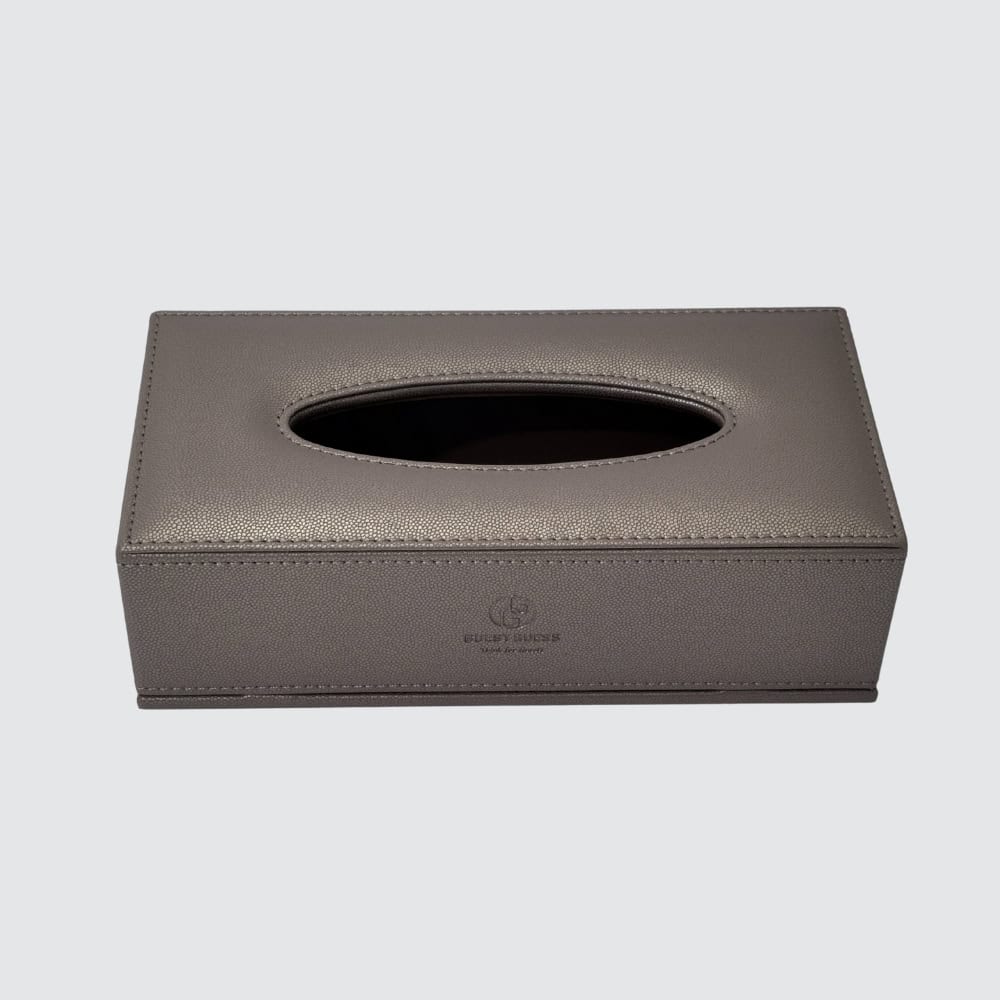 Example of bronze faux leather rectangular tissue box – additional hotel desk accessory