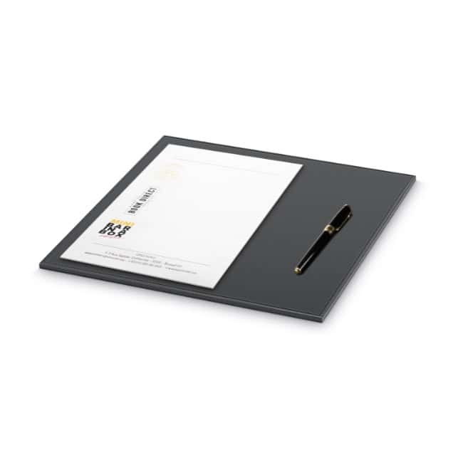 Example of black faux leather hotel desk blotter – part of B‑TRAY hotel desk accessories